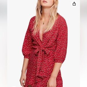 Free People Red Floral Tie-Waist Mini Dress